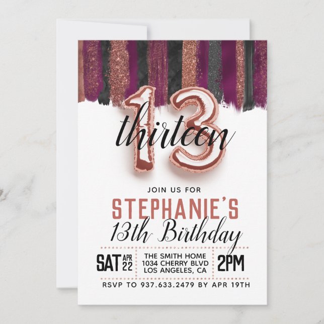 13th Rose Gold Birthday Invitation (Front)