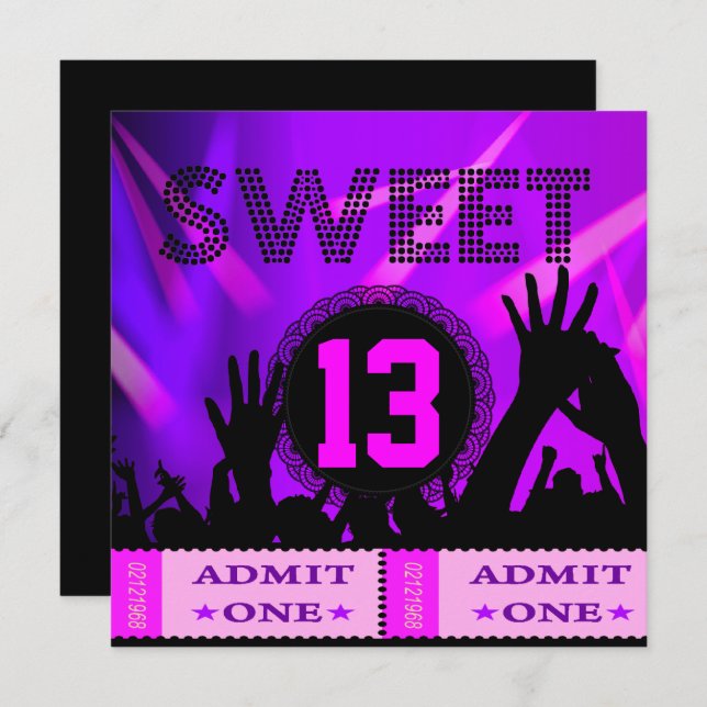 13th Sweet 13 Birthday Party Tickets Fun Invitation (Front/Back)