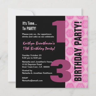 13th Teen Birthday Modern Pink Black Stars G400 Invitation