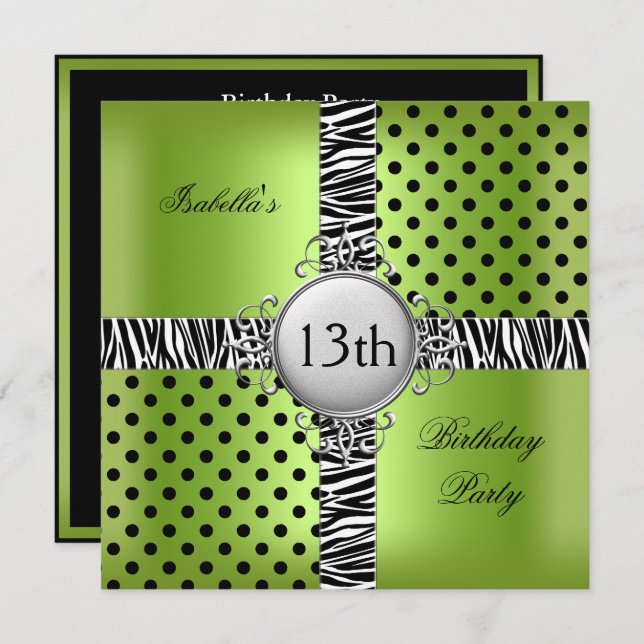 13th Teen Birthday Party Lime Green Black Zebra Invitation (Front/Back)