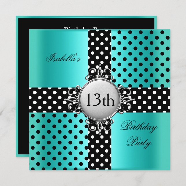 13th Teen Birthday Party Teal Blue Black Polka Dot Invitation (Front/Back)