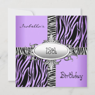 13th Teen Birthday Zebra Wild Purple Animal Black Invitation