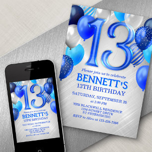 13th Teen Boy Blue Birthday Invitation