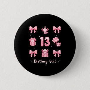 13th year old birthday girl pink coquette bow 6 cm round badge