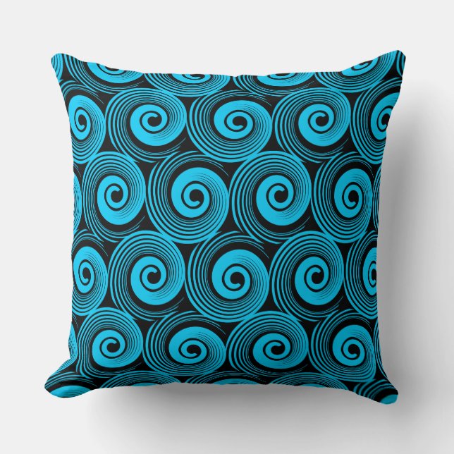 140216 Spirals - Sky Blue on Black Cushion (Front)