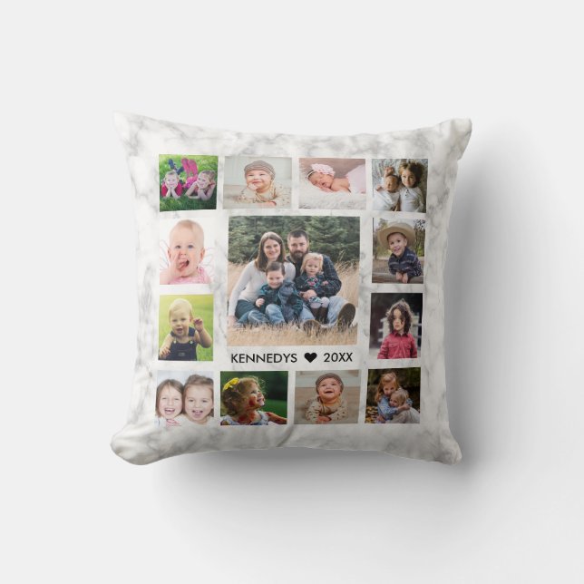 14 Family Photo Collage Create Your Own Marble Cushion (Front)
