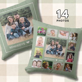 14 Family Photo Collage Create Your Own Sage Green Cushion