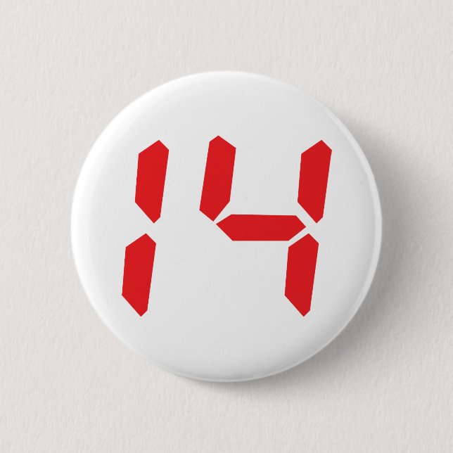 14 fourteen  red alarm clock digital number 6 cm round badge (Front)