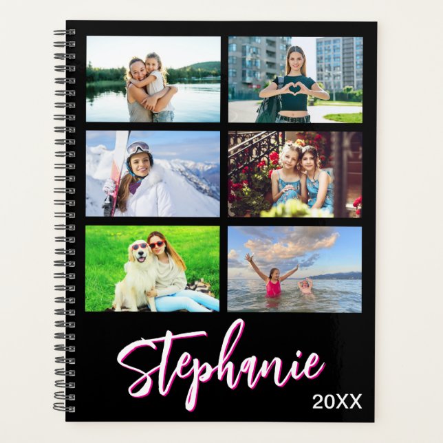 14 Photo Collage Personalised Hot Pink Black Planner (Front)
