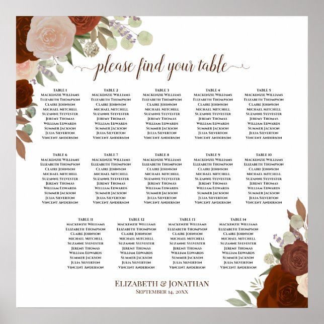 14 Table Autumn Roses Boho Wedding Seating Chart (Front)