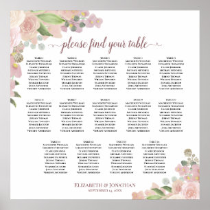 14 Table Elegant Pink Floral Wedding Seating Chart