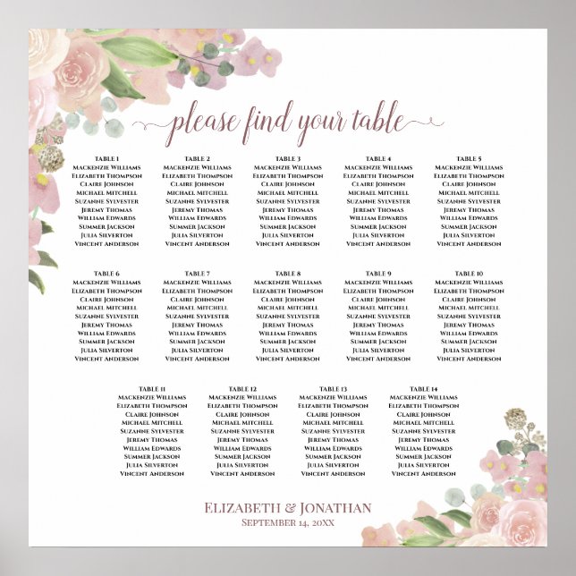 14 Table Elegant Pink Floral Wedding Seating Chart (Front)