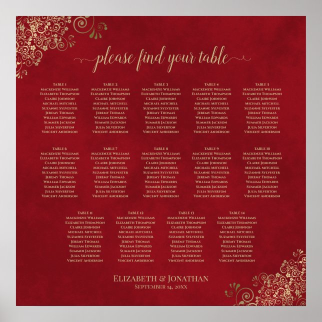 14 Table Frilly Wedding Seating Chart Red & Gold (Front)