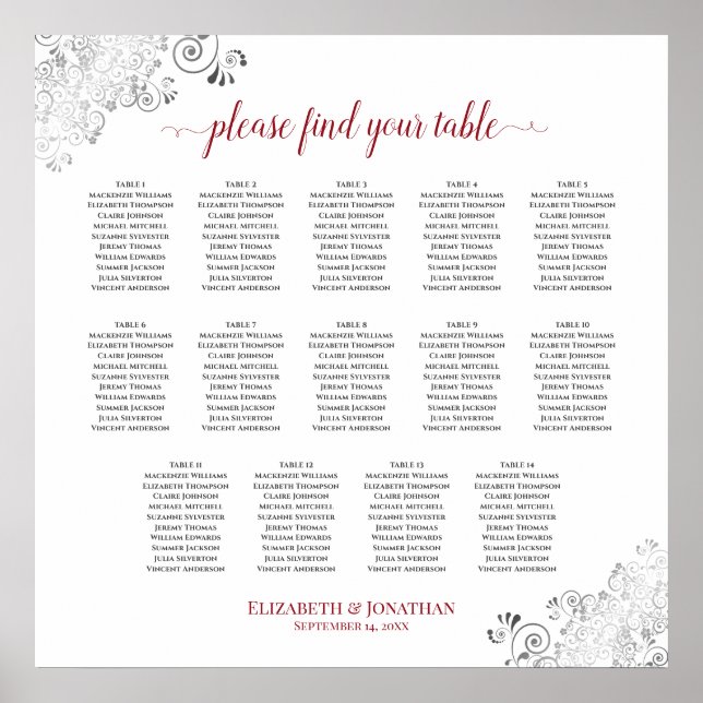 14 Table Frilly Wedding Seating Chart White & Red (Front)