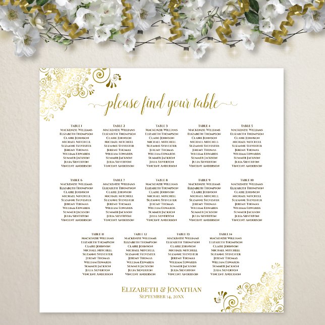 14 Table Gold Frills Wedding Seating Chart White (In Situ on Wall with Decorations)