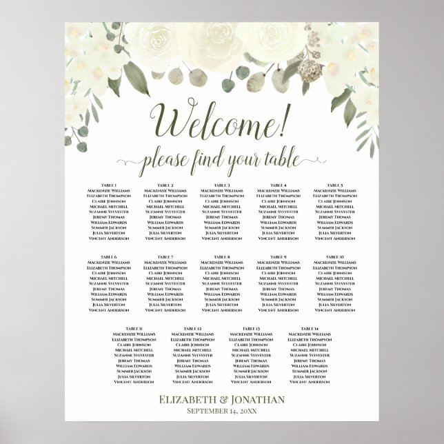 14 Table Ivory White Floral Wedding Seating Chart (Front)