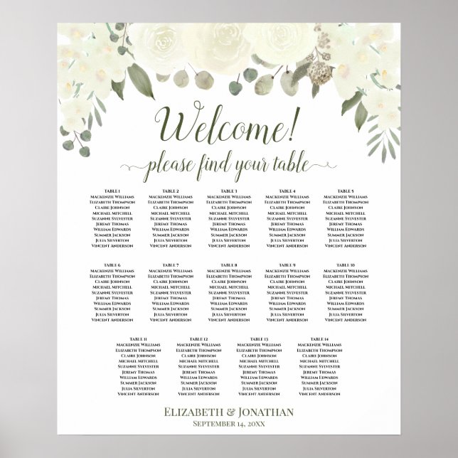 14 Table Ivory White Floral Wedding Seating Chart (Front)