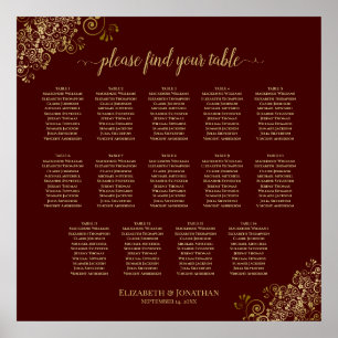 14 Table Lacy Gold Wedding Seating Chart Burgundy