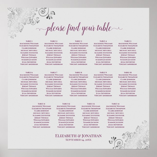 14 Table Magenta on Gray Wedding Seating Chart (Front)