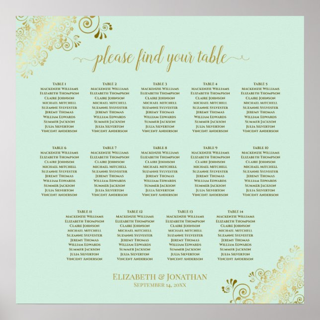 14 Table Mint Green & Gold Wedding Seating Chart (Front)