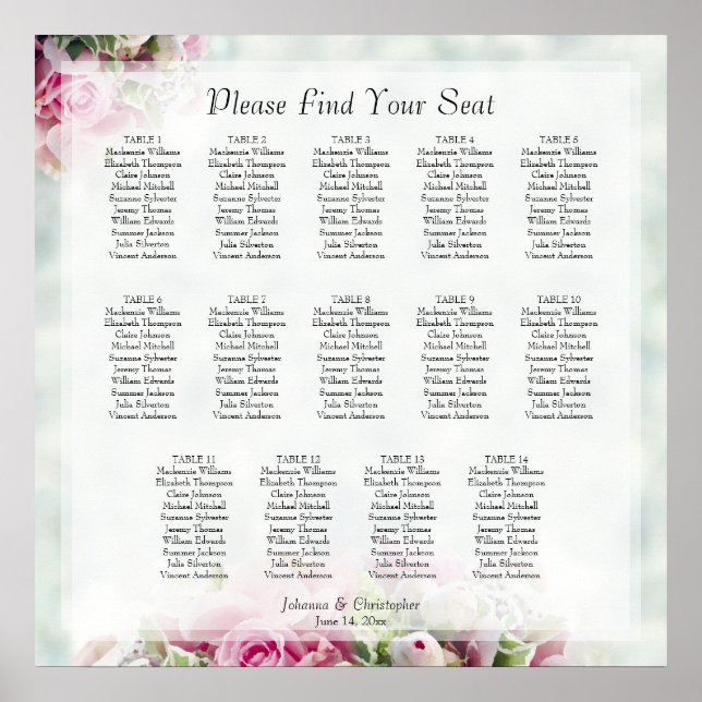 14 Table Pink Roses Wedding Seating Chart (Front)