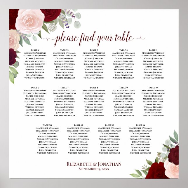 14 Table Red and Pink Floral Wedding Seating Chart (Front)