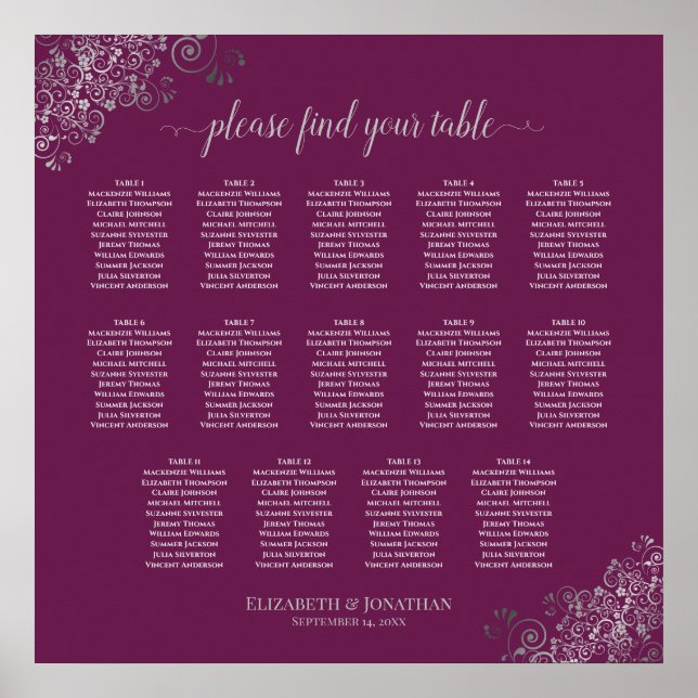 14 Table Silver on Magenta Wedding Seating Chart (Front)