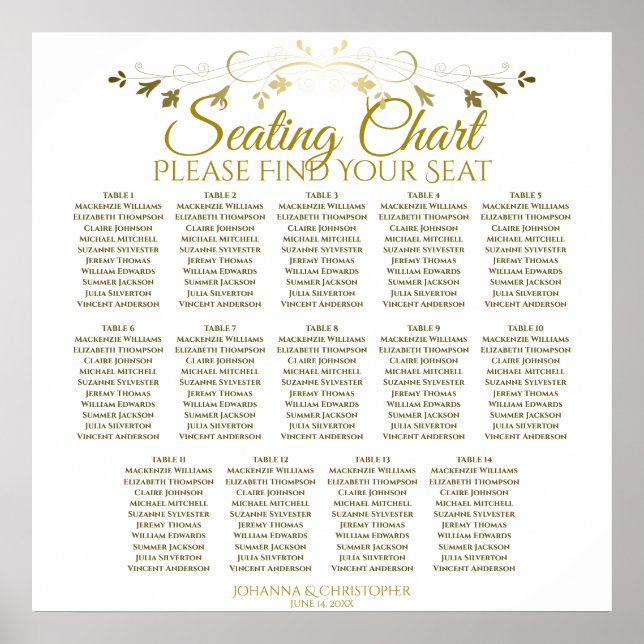 14 Table Simple Elegant Gold Wedding Seating Chart (Front)