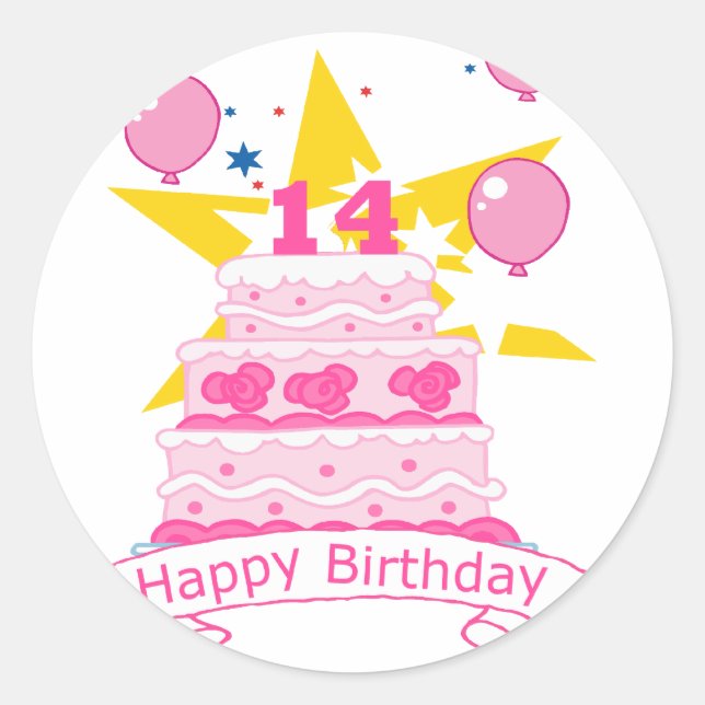 14 Year Old Birthday Cake Classic Round Sticker (Front)