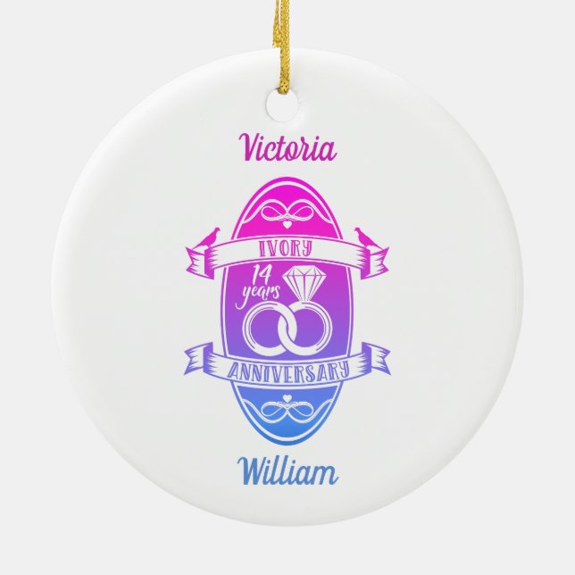 14 Year traditional ivory 14th wedding anniversary Ceramic Ornament (Back)