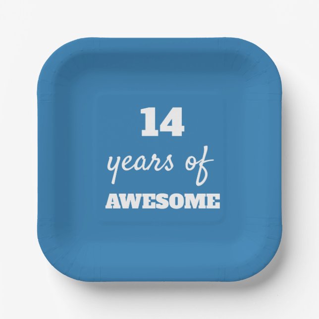 14 Years of Awesome - Blue 14th Birthday Paper Plate (Front)