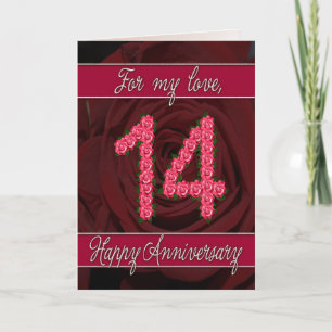 14th anniversary card with roses and leaves