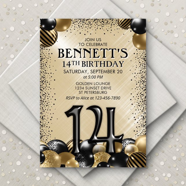 14th Balloons Black Gold Birthday Invitation (Creator Uploaded)
