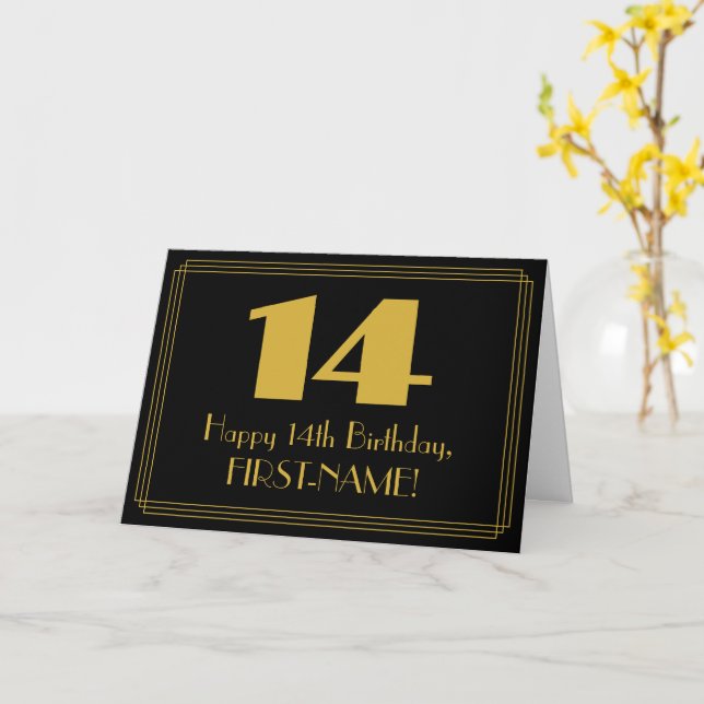 14th Birthday: Art Deco Inspired Look "14" & Name Card (Yellow Flower)