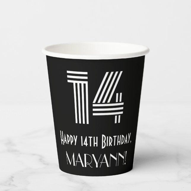 14th Birthday — Art Deco Inspired Look “14” + Name Paper Cups (Back)