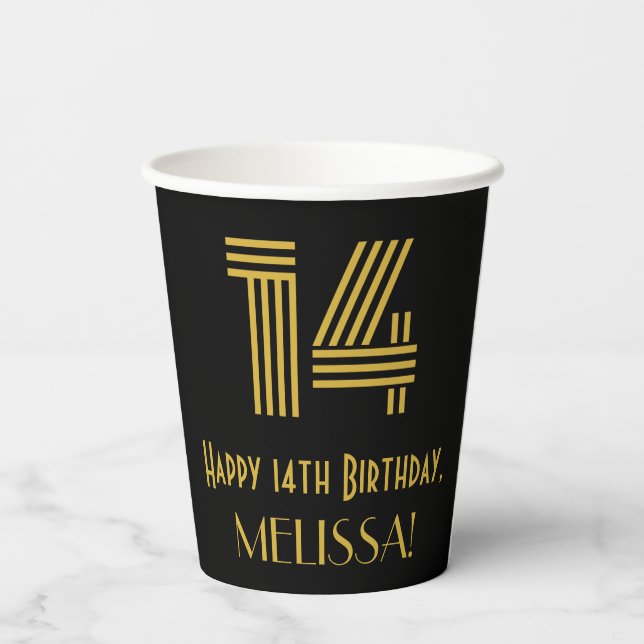 14th Birthday: Art Deco Inspired Look “14” & Name Paper Cups (Back)