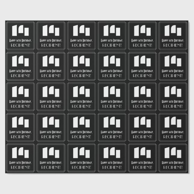 14th Birthday: Art Deco Inspired Look "14" & Name Wrapping Paper (Flat)