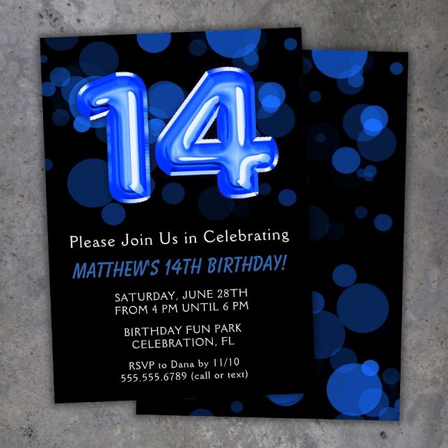 14th Birthday Balloons Kids Blue Boy Party Invitation (Creator Uploaded)