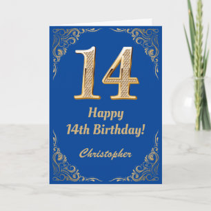 14th Birthday Blue and Gold Glitter Frame Card