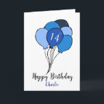 14th birthday bunch of blue balloons card<br><div class="desc">14th birthday card with a blue bunch of balloons design.  
This card has a modern look and is perfect for a son,  grandson or nephew on his fourteenth birthday.
The age,  boy's name and inside message can all be customized as desired.</div>