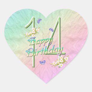 14th Birthday Butterflies and Rainbows Heart Stick Sticker