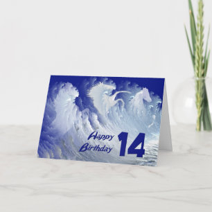 14th birthday card with wild white surf horses