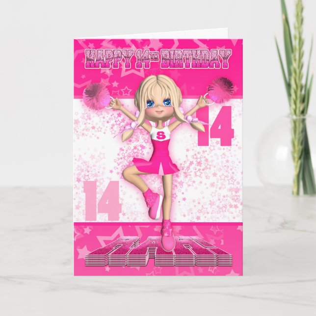 14th Birthday Cheerleader Dancing, Stars In Pinks Card (Front)