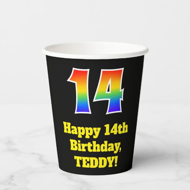 14th Birthday: Colourful, Fun, Exciting, Rainbow 1 Paper Cups (Back)