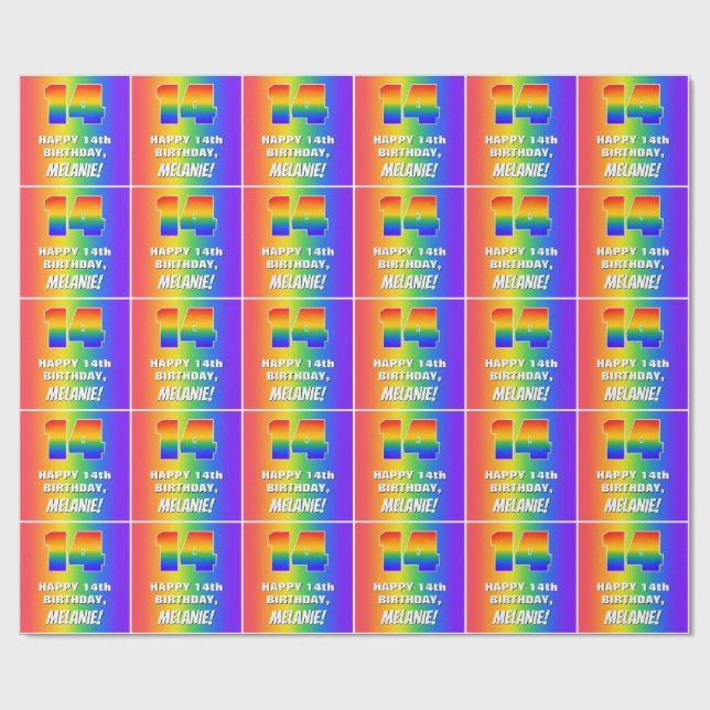 14th Birthday: Colourful, Fun Rainbow Pattern # 14 Wrapping Paper (Flat)