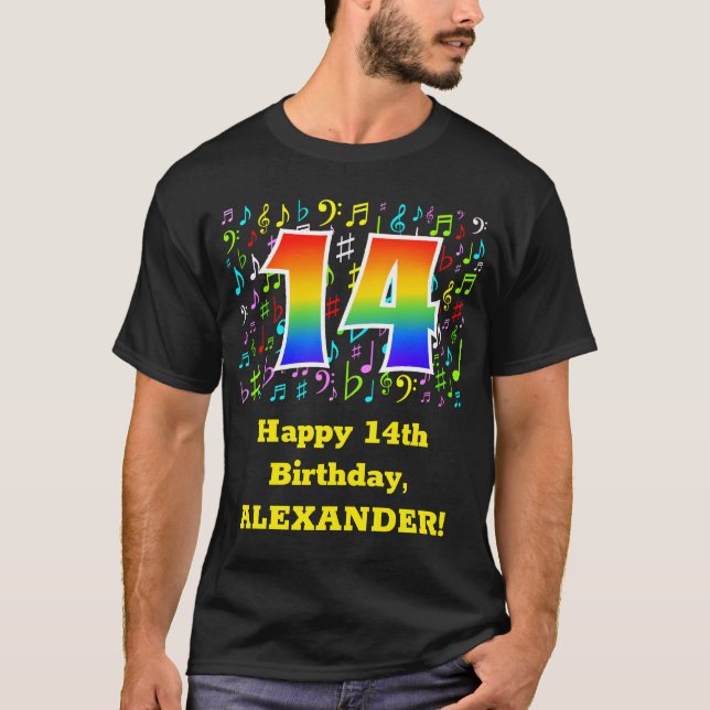 14th Birthday: Colourful Music Symbols, Rainbow 14 T-Shirt (Front)