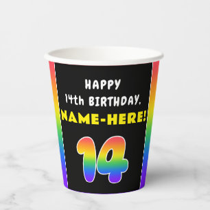 14th Birthday: Colourful Rainbow # 14, Custom Name Paper Cups