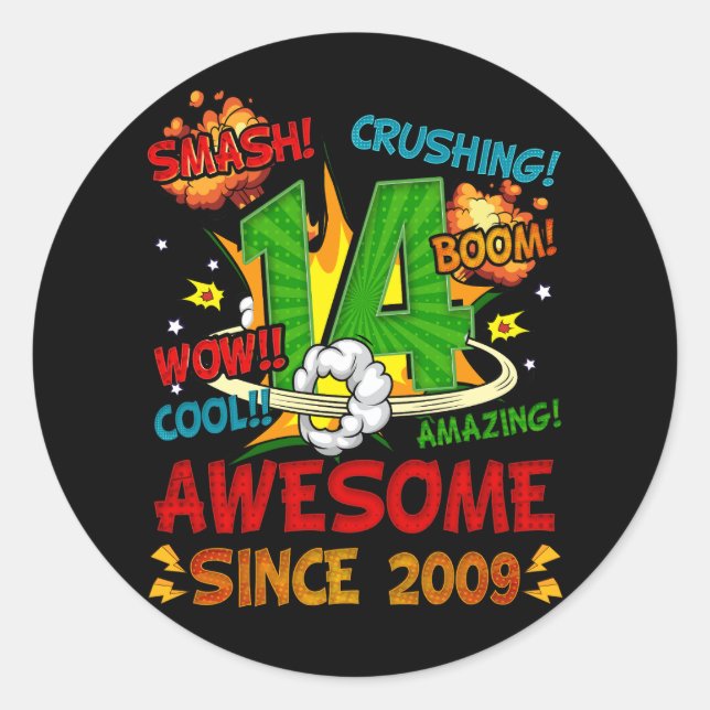 14th Birthday Comic Style Awesome Since 2009 14 Ye Classic Round Sticker (Front)