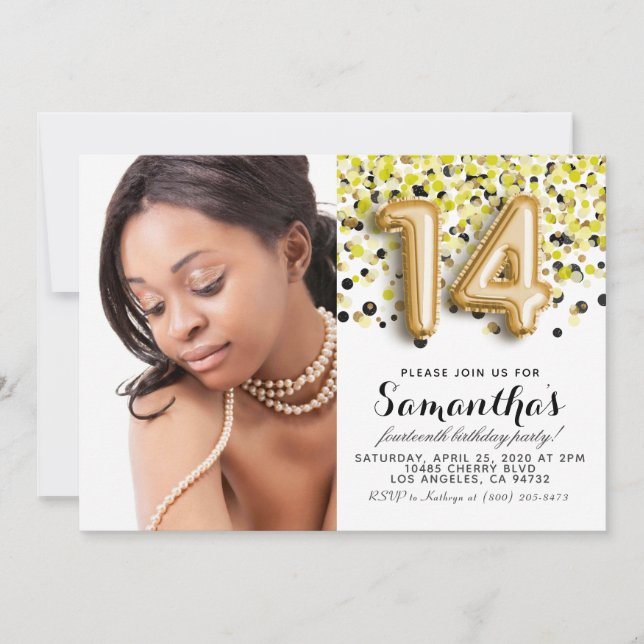 14th Birthday Confetti Gold Portrait Invitation (Front)