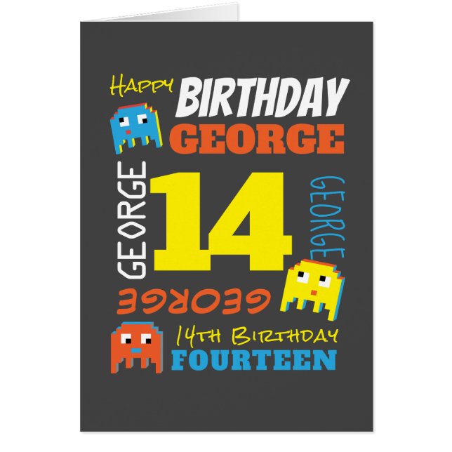 14th birthday custom name yellow blue pixel gamer (Front)